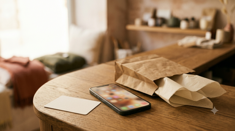 Carte de fidélité dématérialisée et smartphone sur un comptoir de boutique