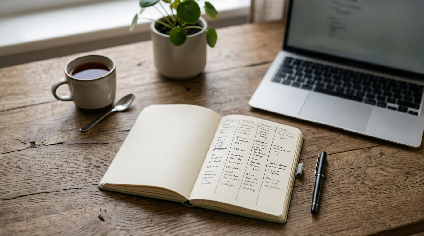 Carnet et ordinateur portable pour organiser une veille concurrentielle